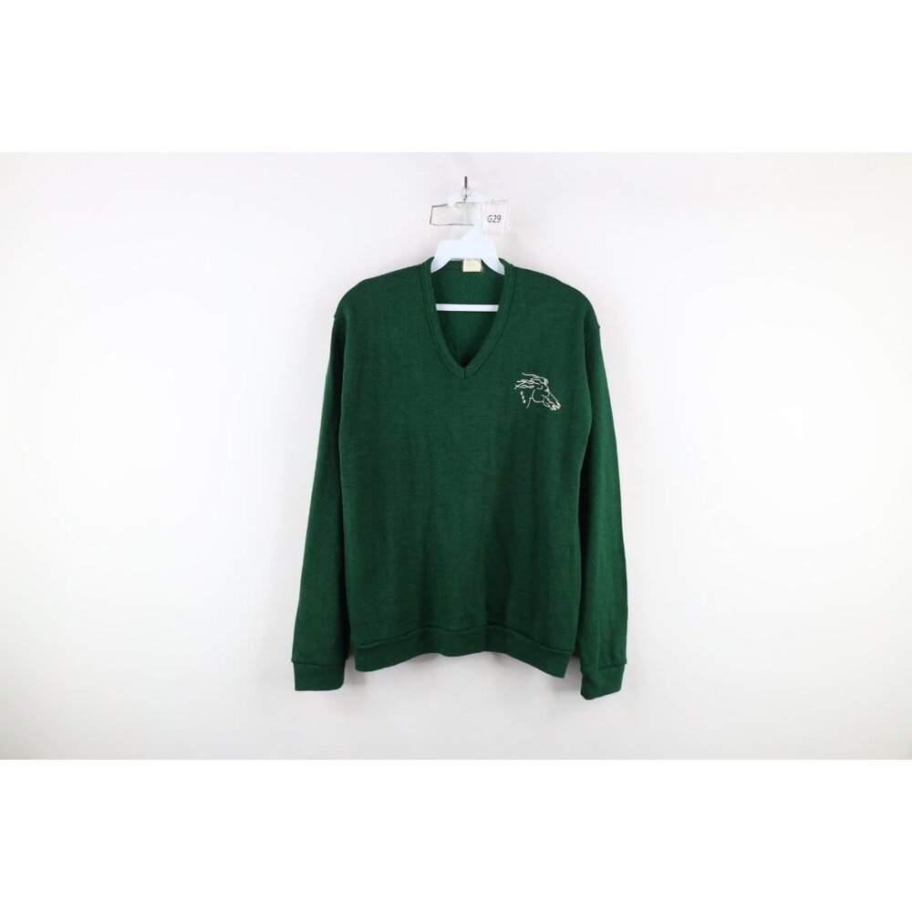 Vintage 70s Streetwear Womens Medium Knit Horse Mustang V-Neck Sweater Green USA